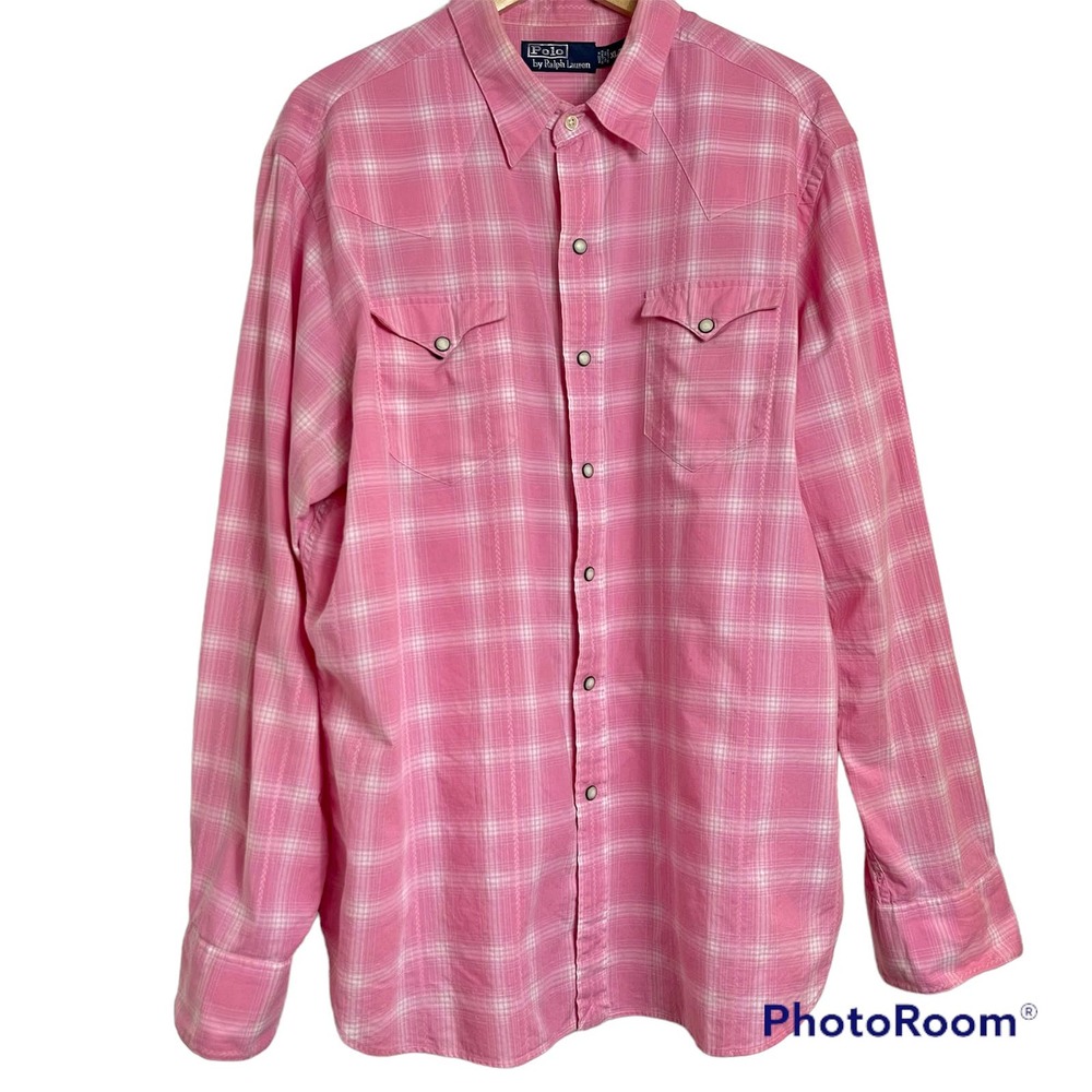 Ralph Lauren Men's Snap Button Cotton Shirt Pink Plaid XL